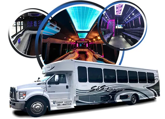 An S&S limo coach with circular views of its lit interior, bar and ceiling